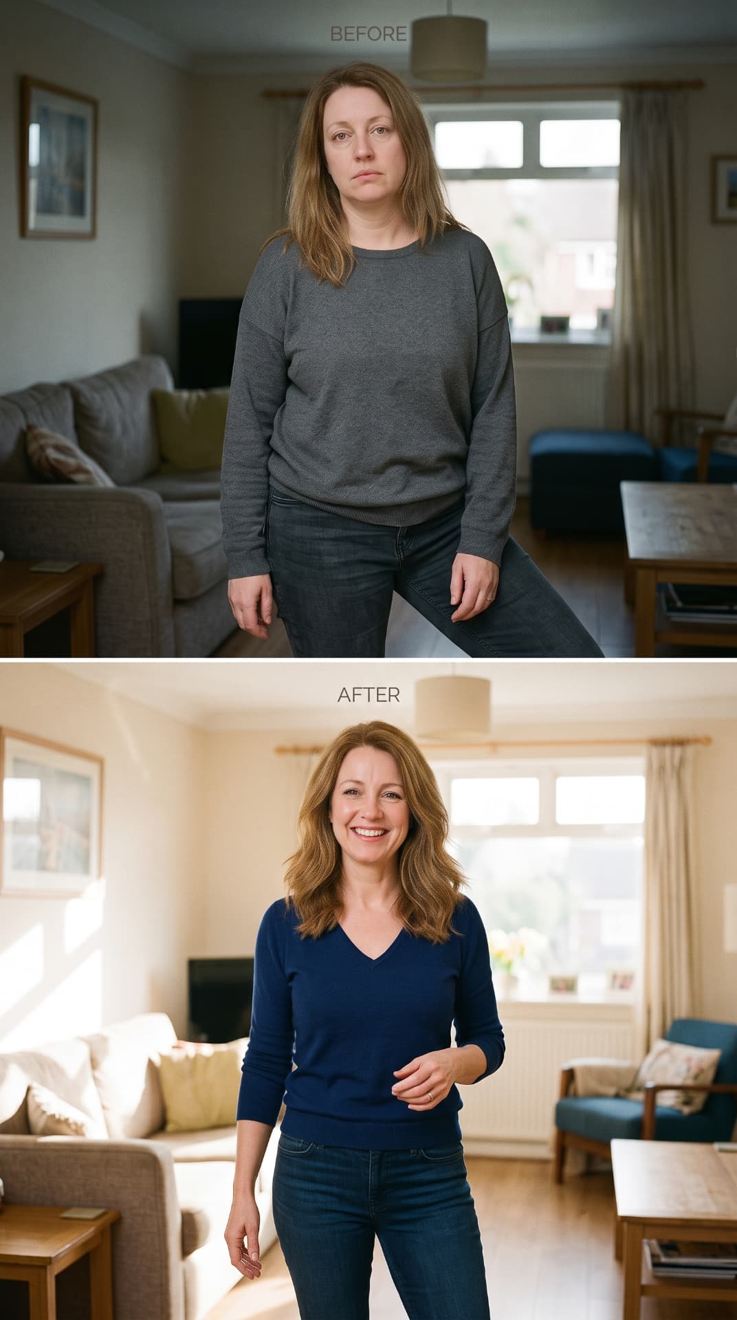 Before and after photos of the same woman in her living room
